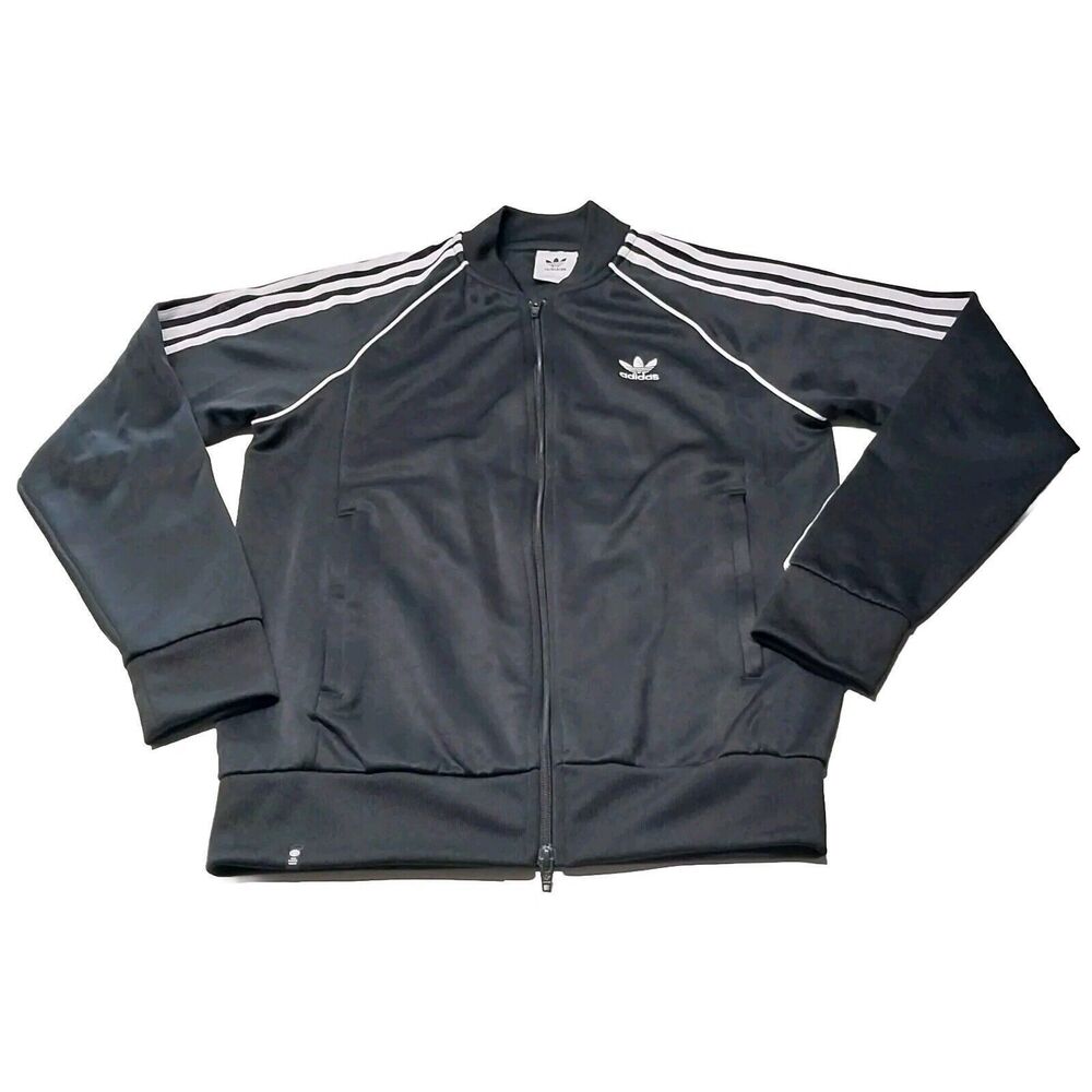 Adidas Men Medium Track Jacket Zip Up Black White Stripe Athletic Leisure Casual